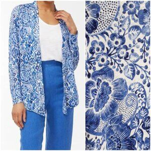 Chico's Linen Cardigan Gzhel Print Floral Blue White Artisan Art-to-Wear size L